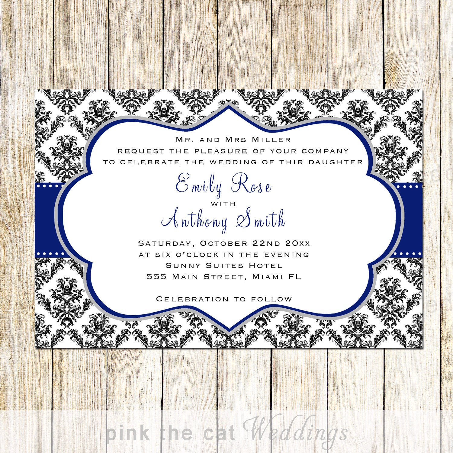 navy blue damask wedding invitation