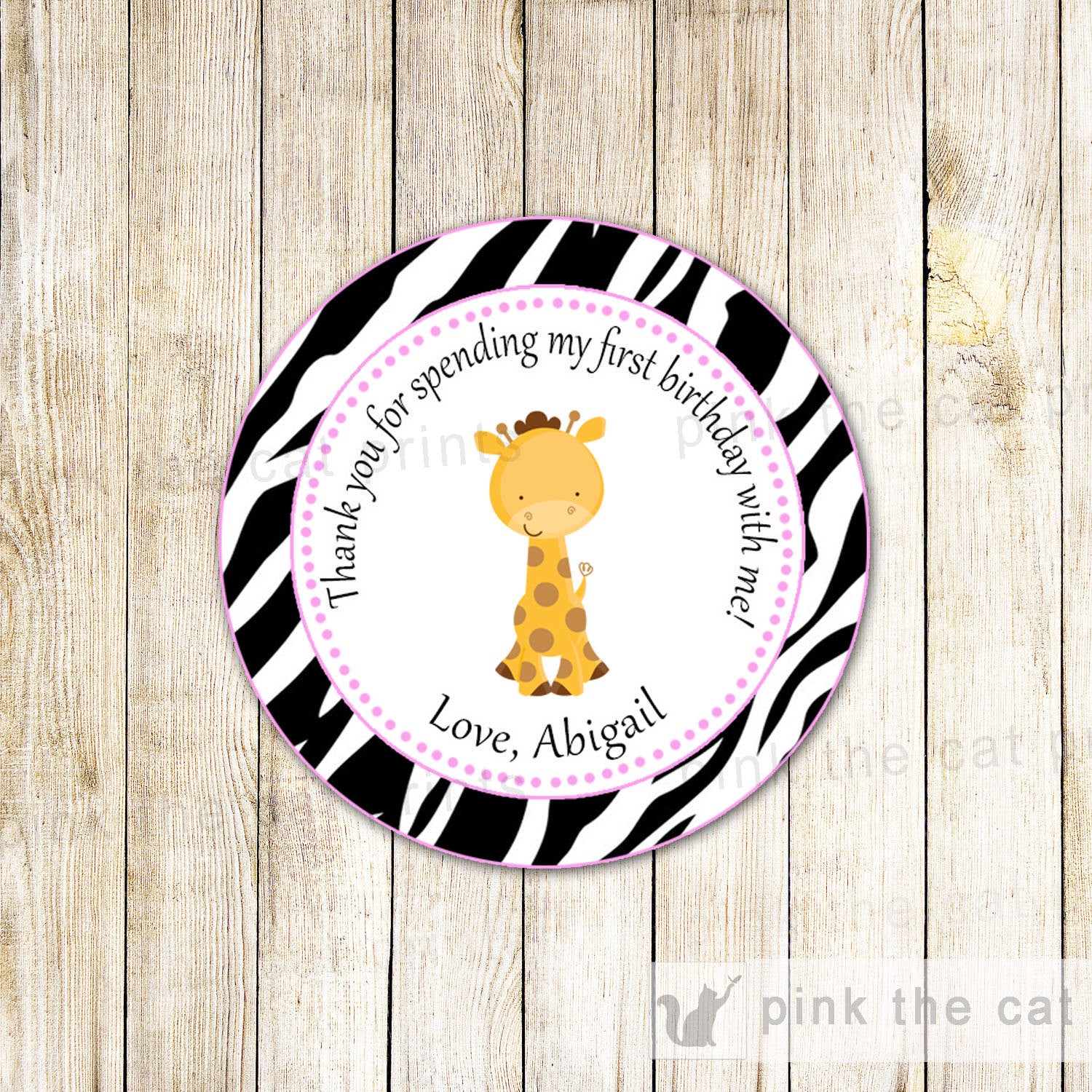 Giraffe Birthday Baby Girl Shower Gift Favor Label Tag Sticker Zebra Pink