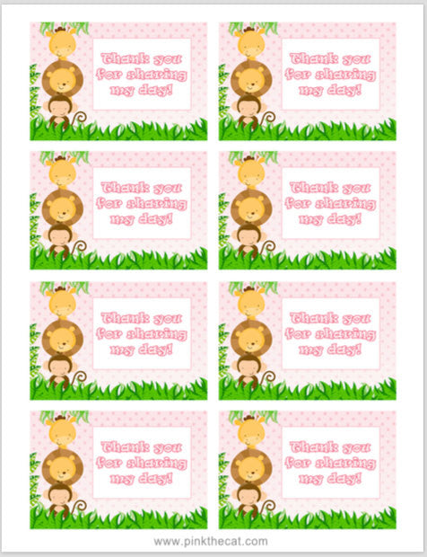Jungle Favor Labels or Gift Tags - Pink Baby Girl Shower Birthday Party Printable INSTANT DOWNLOAD