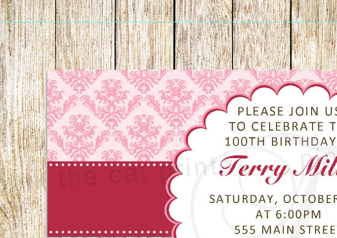 Damask Birthday Invitation Pink Red Ribbon Kids Adult