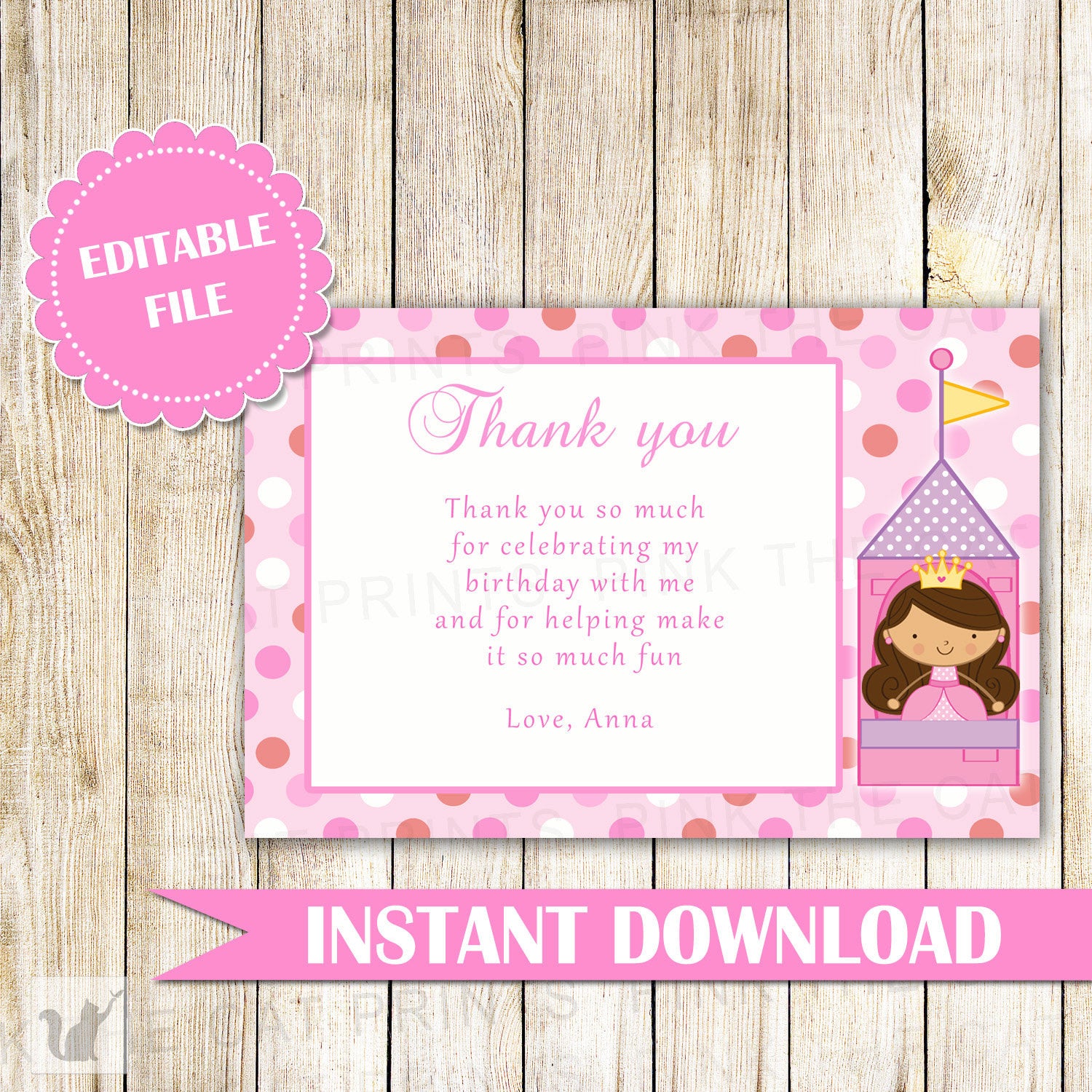 Princess Thank You Card Princess Thank You Note Princess Message Card Birthday Thank You Princess Birthday Baby Girl Shower INSTANT DOWNLOAD