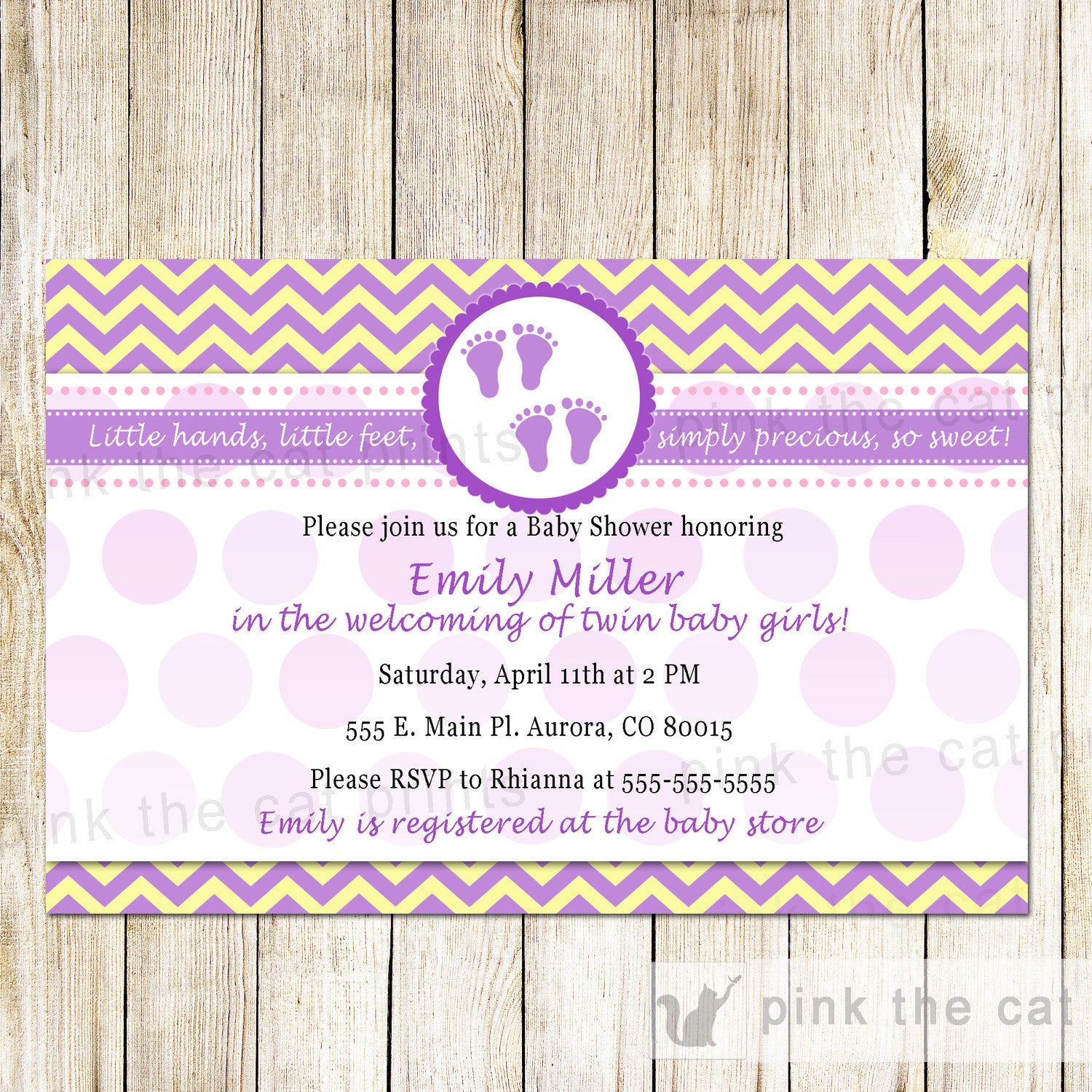 Baby Shower Twin Girls Invitation Purple Feet Yellow Chevron