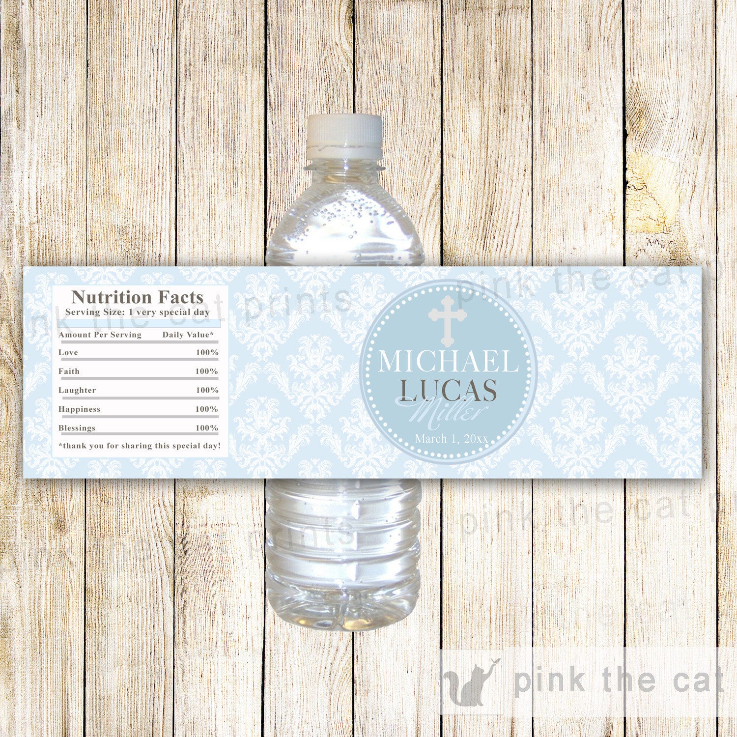 Boy Baptism Christening Holy Communion Bottle Label Blue Silver