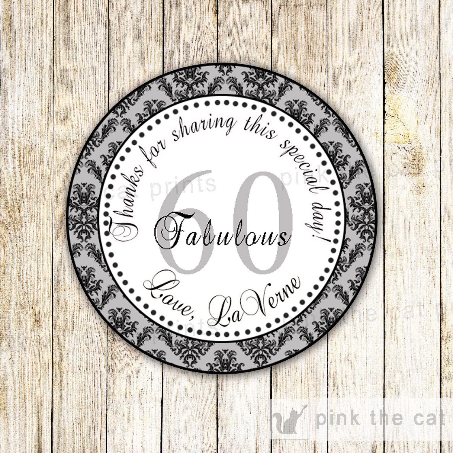 Grey Damask Adult Birthday Thank You Tag Label Sticker