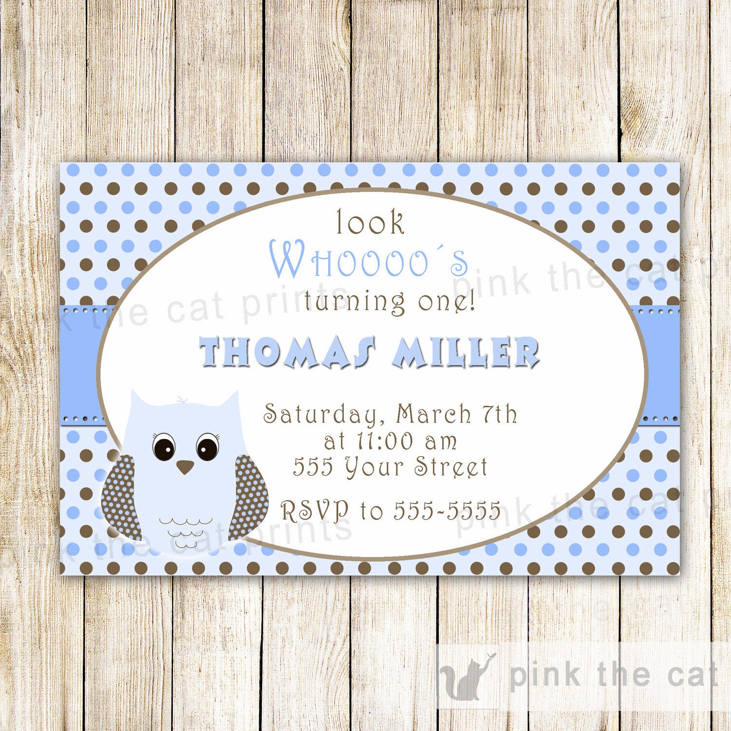 owl invitation blue brown