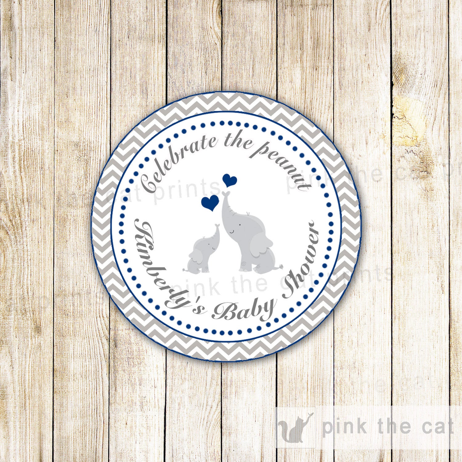 Elephant favor label blue silver printable boy baby shower little peanut