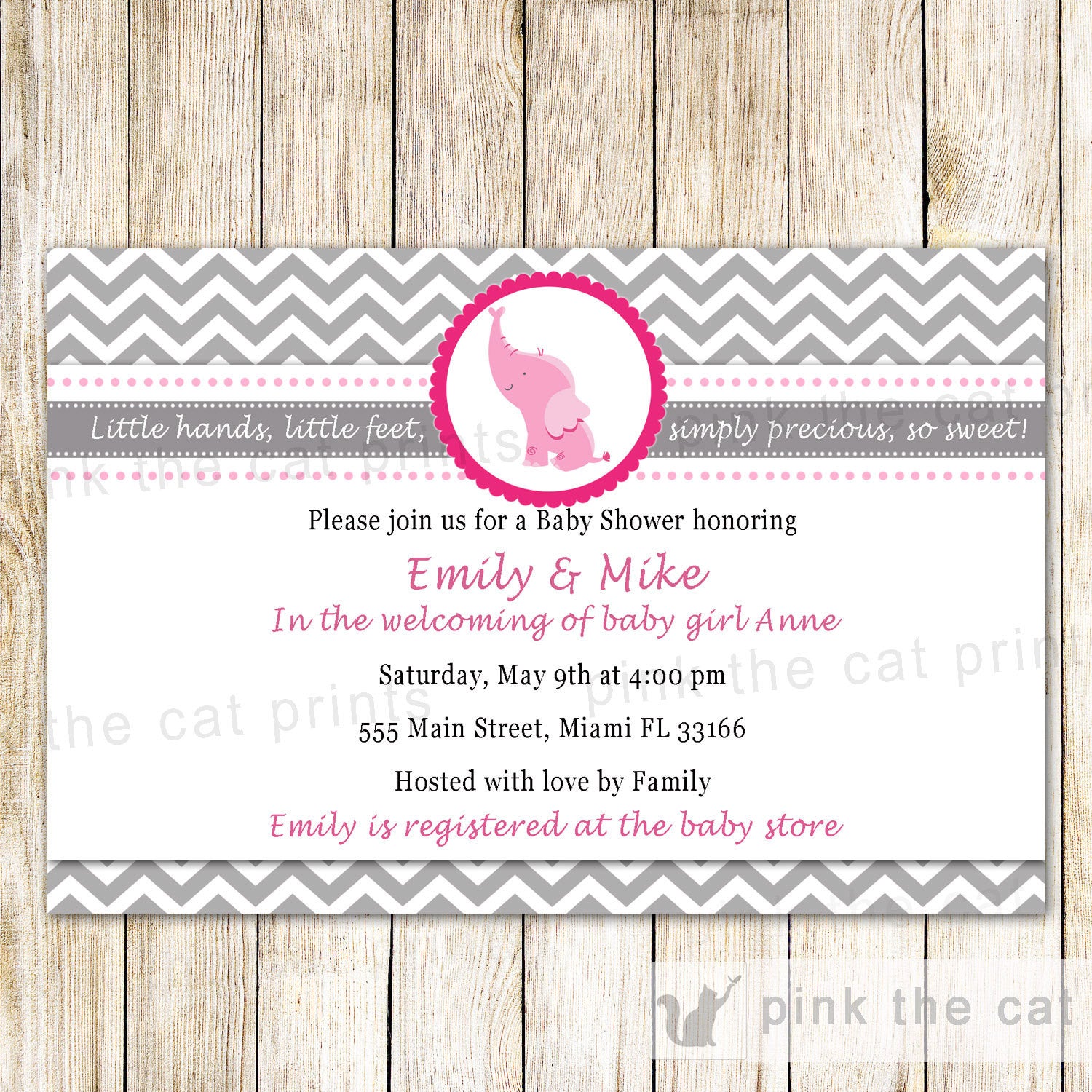 elephant pink grey invitation