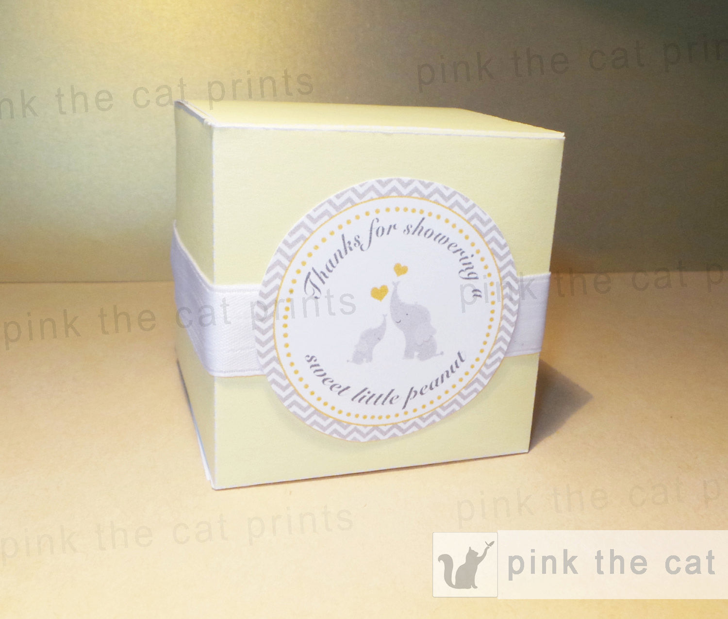 Elephant Label & Favor Box Baby Shower Grey Yellow