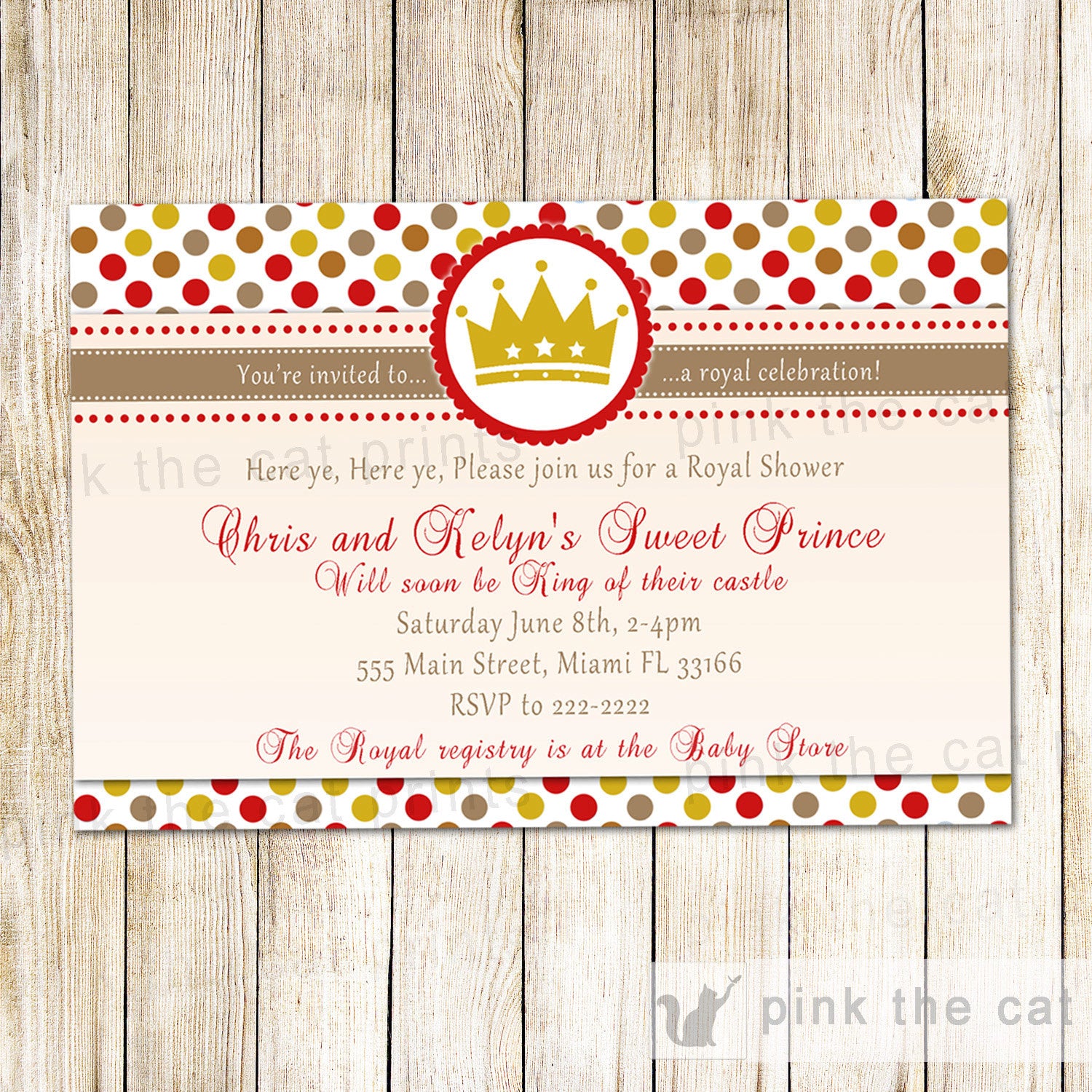 Prince Baby Shower Invitation & Bring a Book Card Gold Red