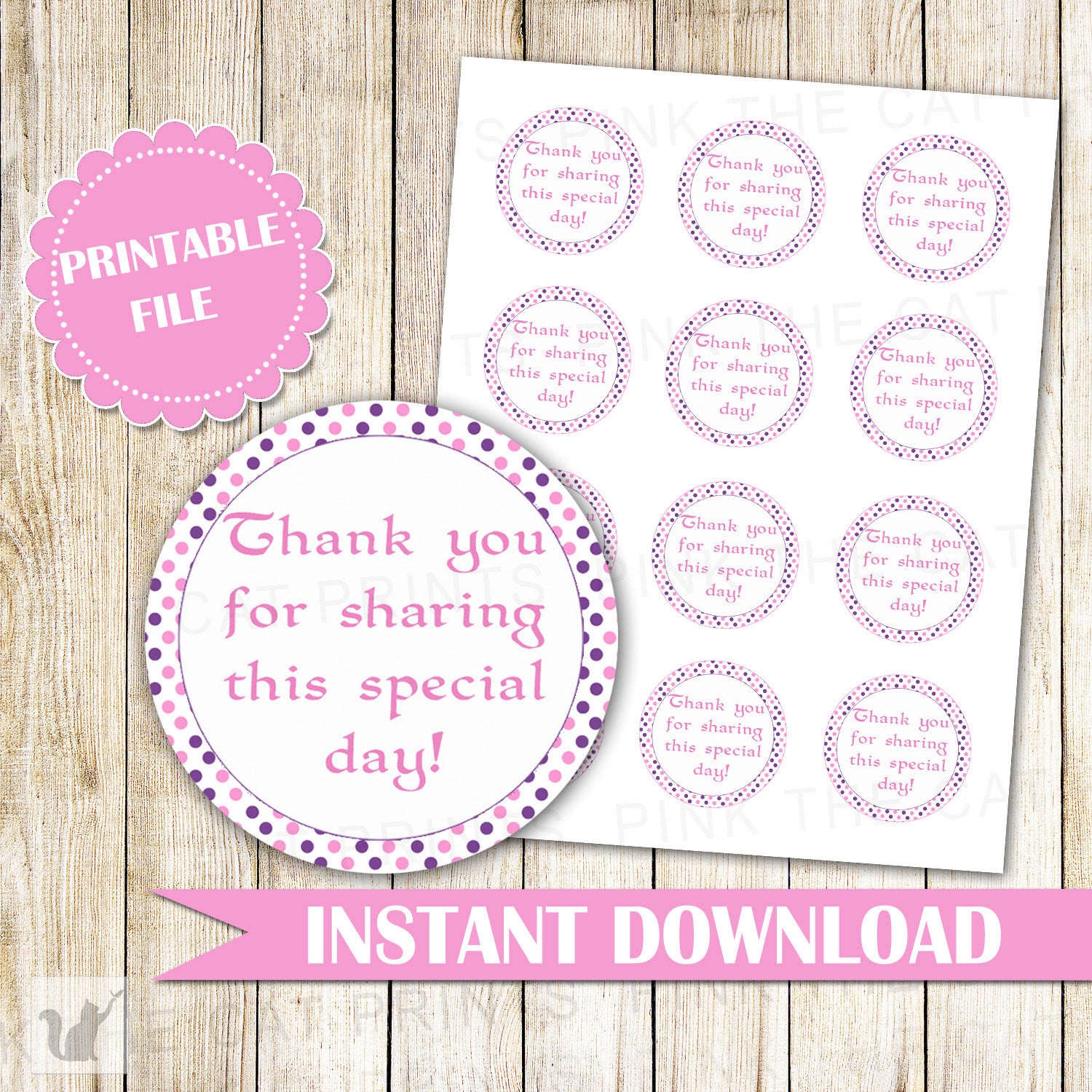 Purple Pink Polka Dots Thank You Label - Favor Stickers Party Decorations Birthday Favors Baby Shower Favors DIY Printable INSTANT DOWNLOAD