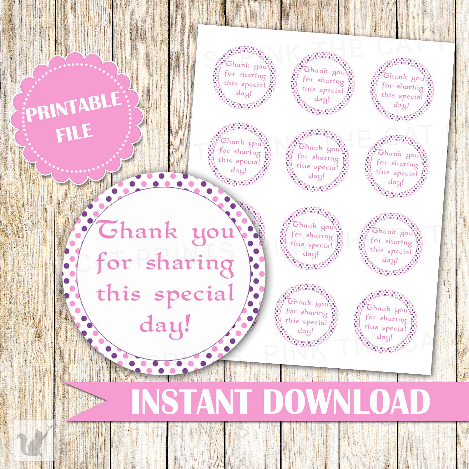 Purple Pink Polka Dots Thank You Label - Favor Stickers Party Decorations Birthday Favors Baby Shower Favors DIY Printable INSTANT DOWNLOAD
