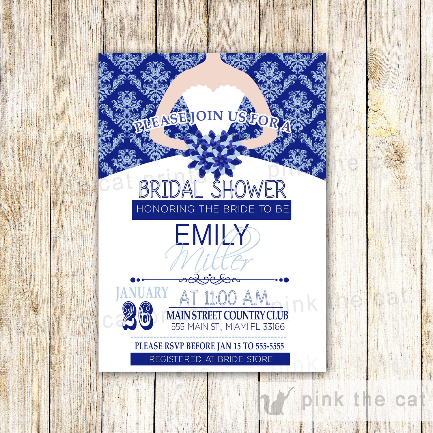 Dress Invitation Bridal Shower Sweet 15 16 Royal Blue