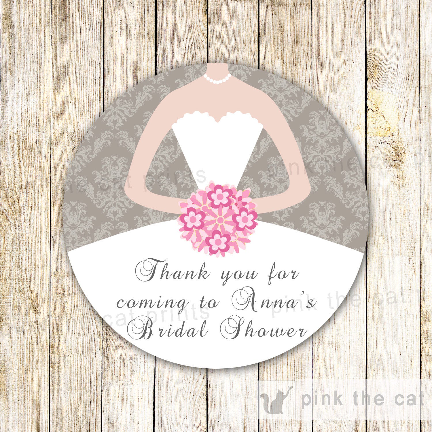Dress Labels Bridal Shower Gift Favor Tag Sweet 16 Stickers Grey Pink