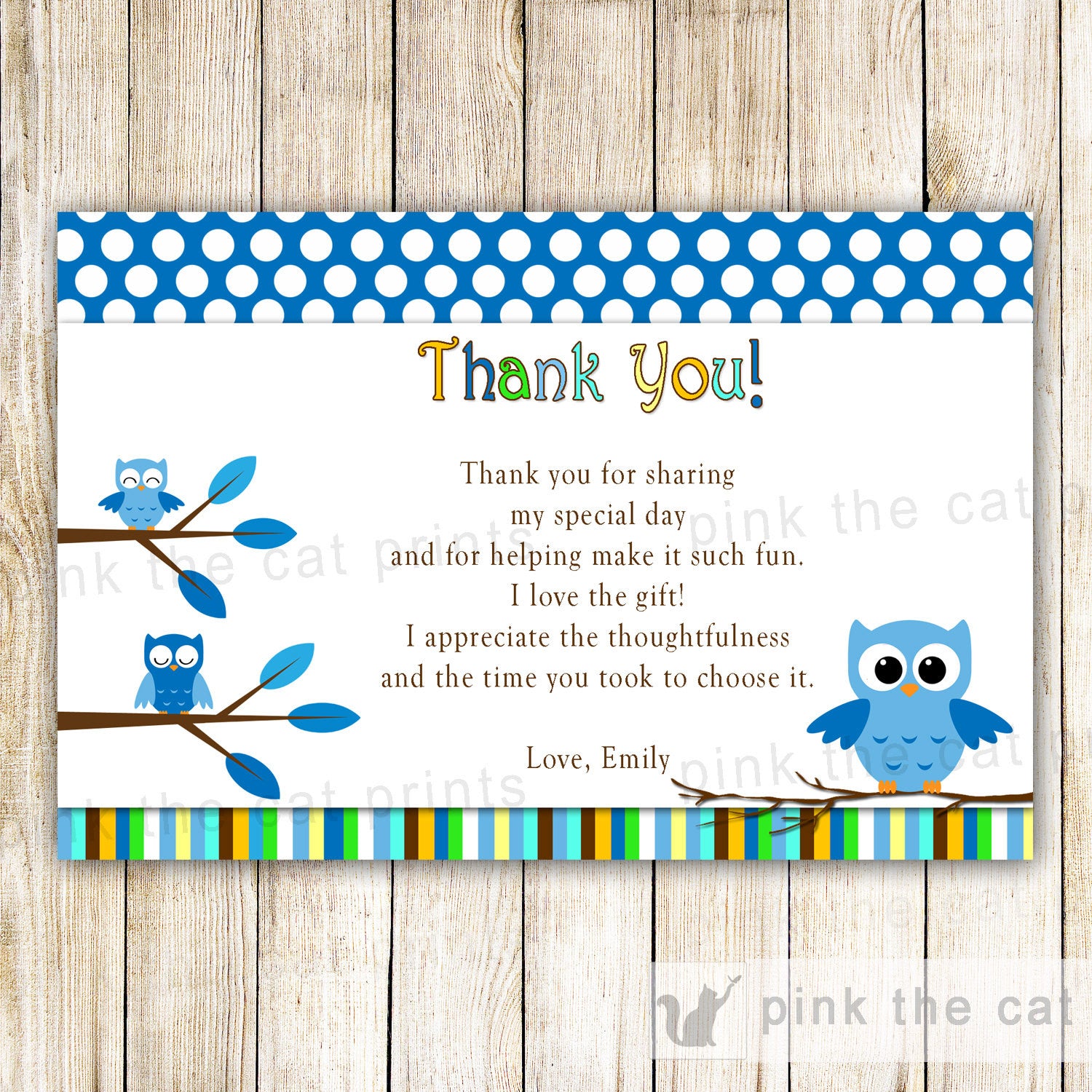 Owl Thank You Card Note Blue Birthday Baby Boy Shower