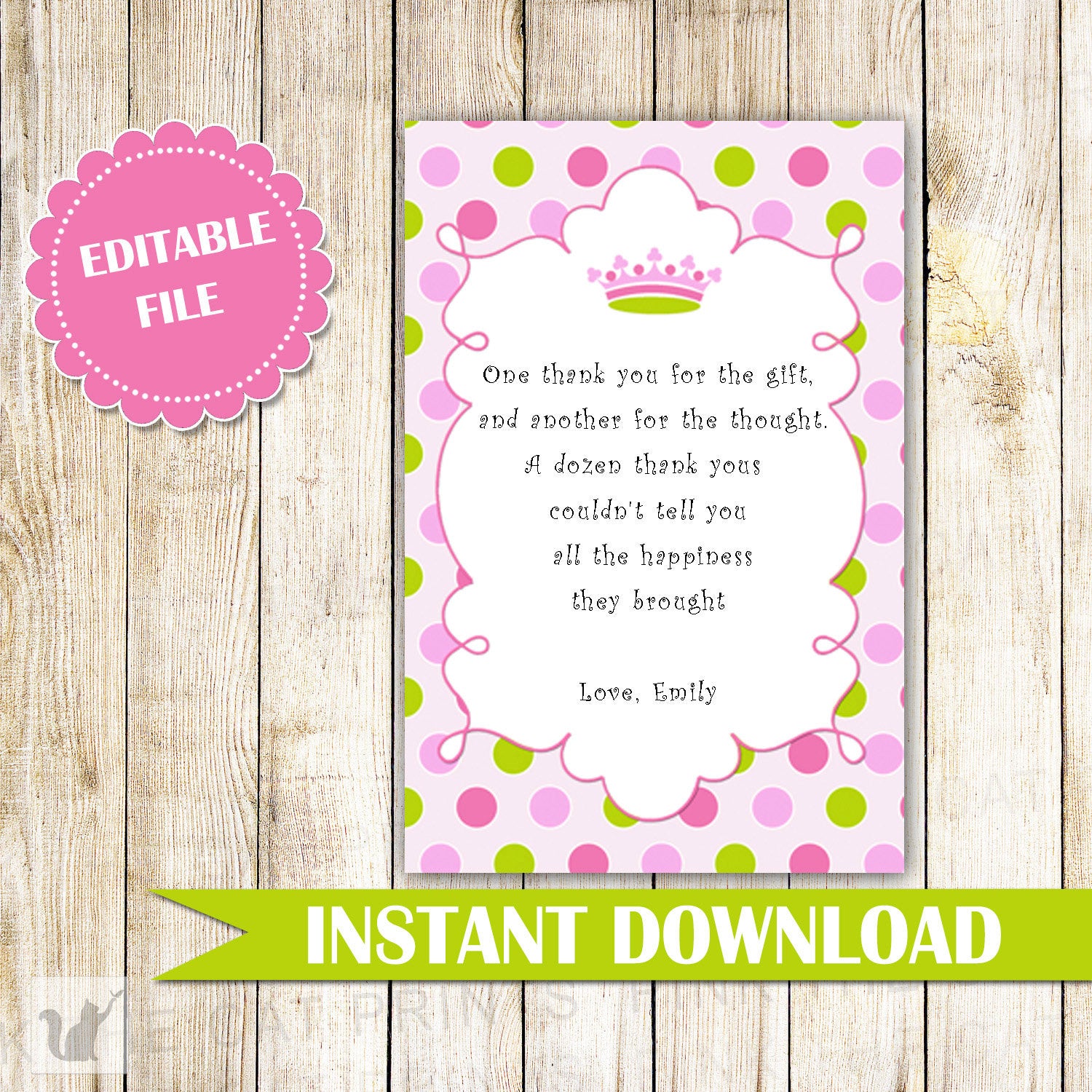 Princess Thank You Cards - Princess Thank You Note - Princess Baby Shower Thank You Card - Princess Birthday Thank You Card - Editable Card