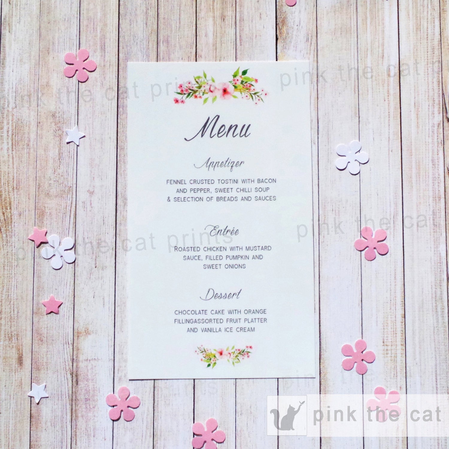 Floral Menu Card Bohemian Wedding Pink Mint Green