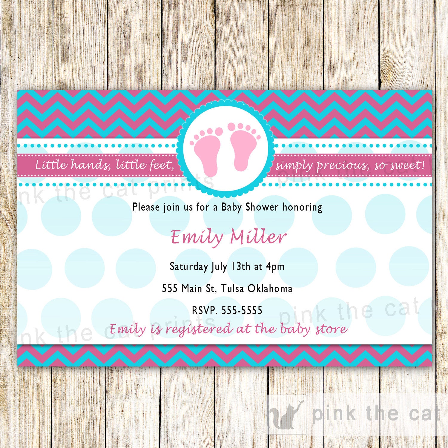 teal pink feet baby shower invitation