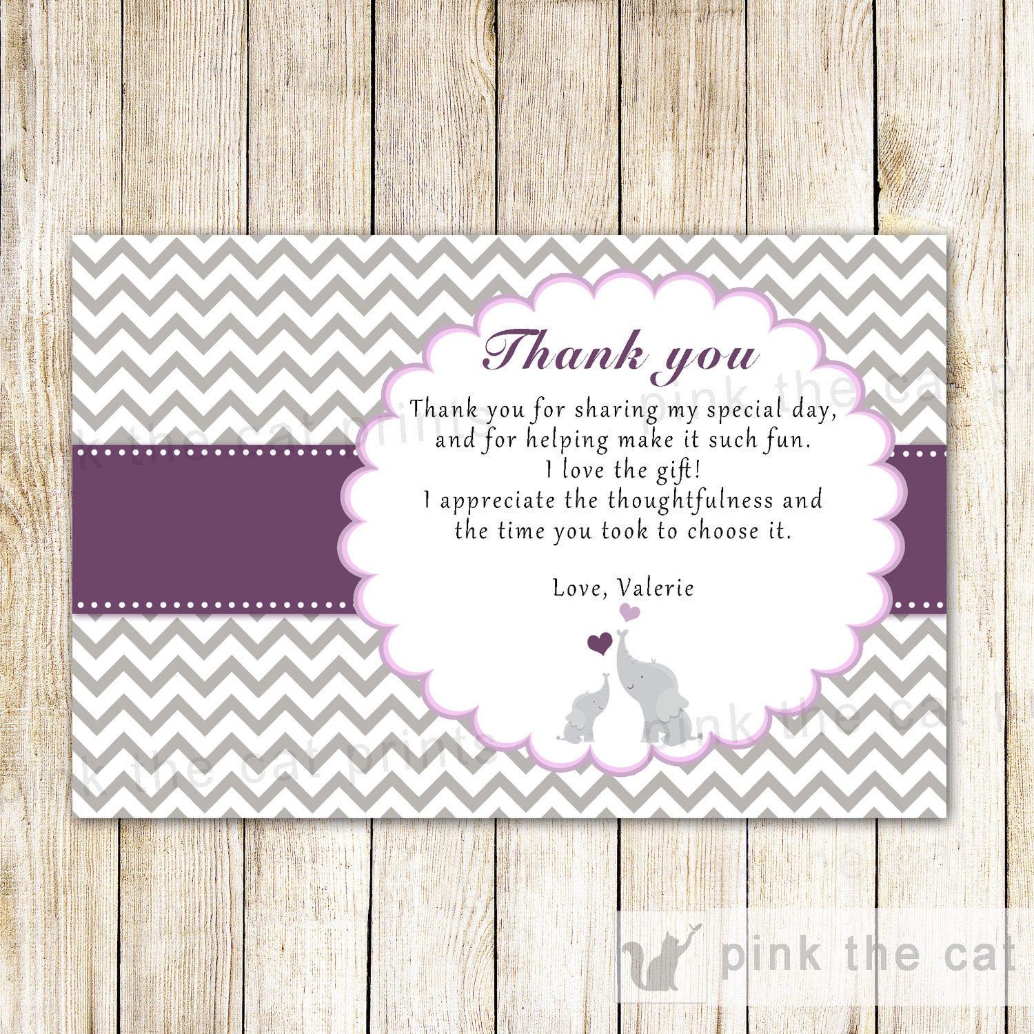 Elephant Thank You Card Baby Girl Shower Purple