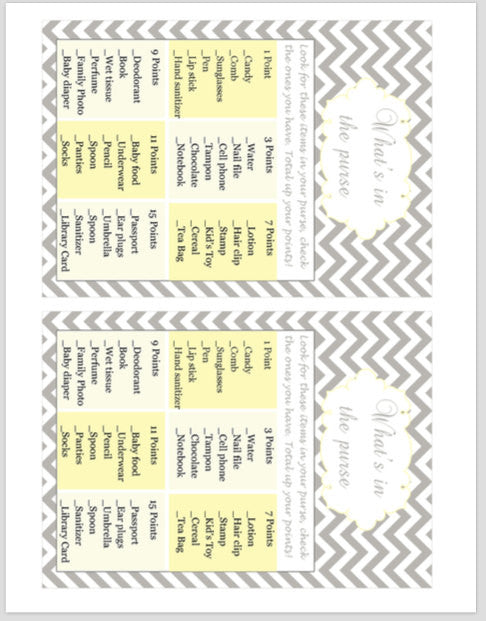 Grey Yellow Whats In The Purse Bridal Shower Game