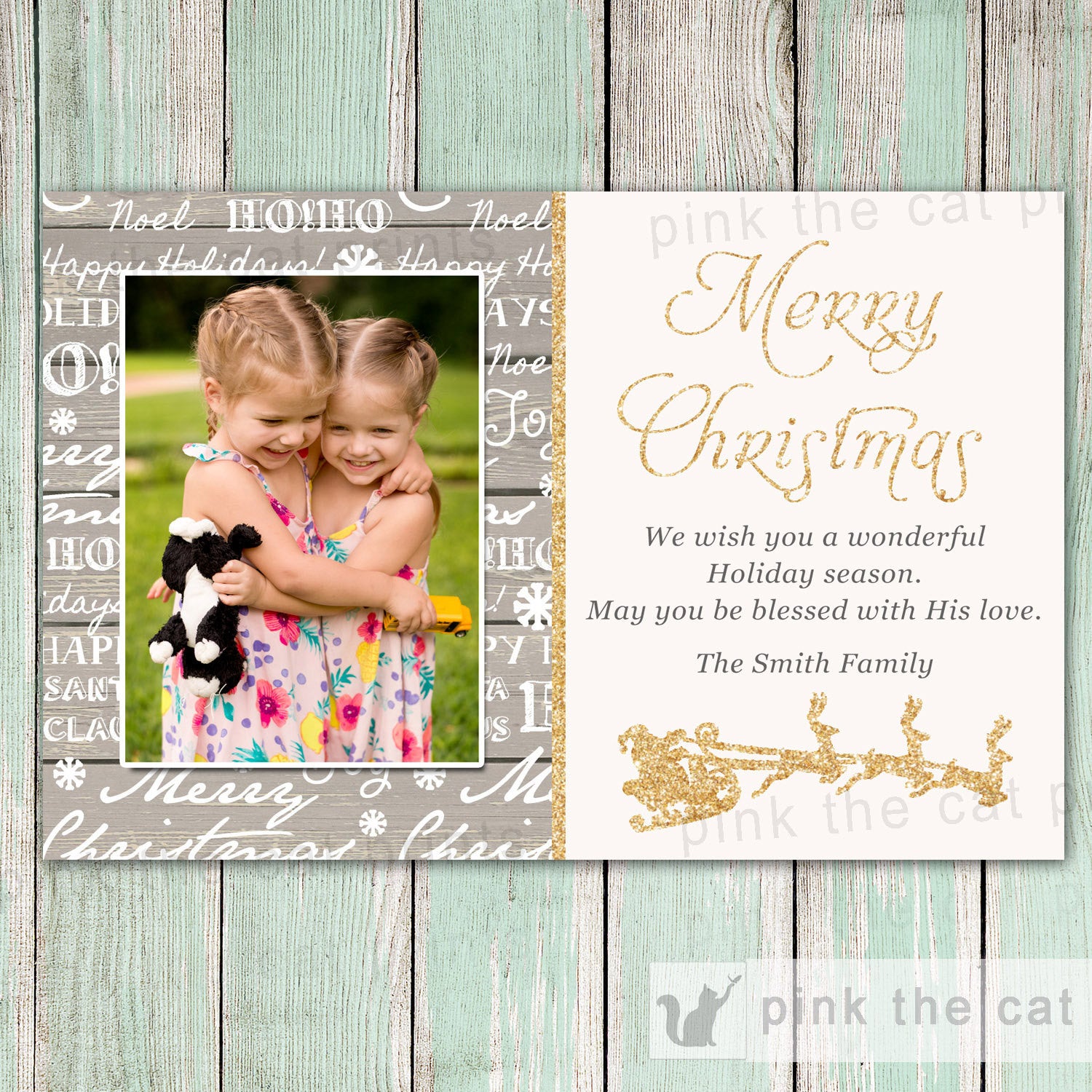 Rustic Christmas Photo Card - Family Xmas Greeting Card Christmas Card Christmas Greeting Card With Words Wood Gold Glitter Christmas Custom