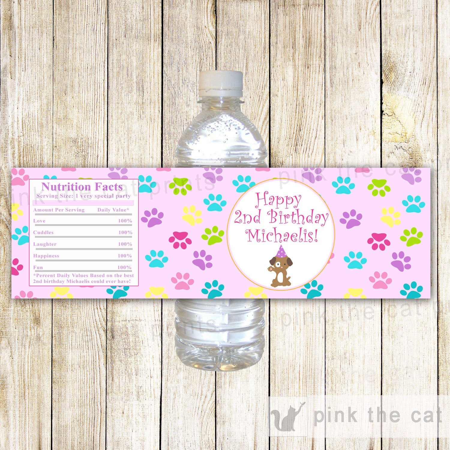 Puppy Pawty Bottle Label Girl Birthday Paws