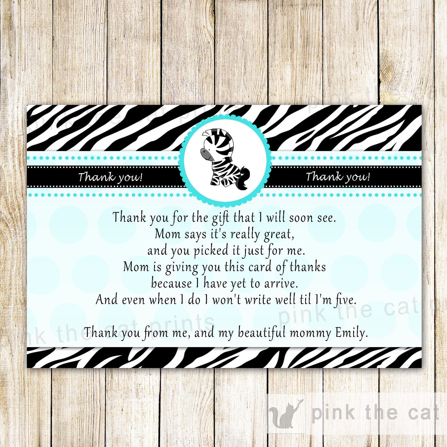 Zebra Thank You Card Note Birthday Baby Shower Teal