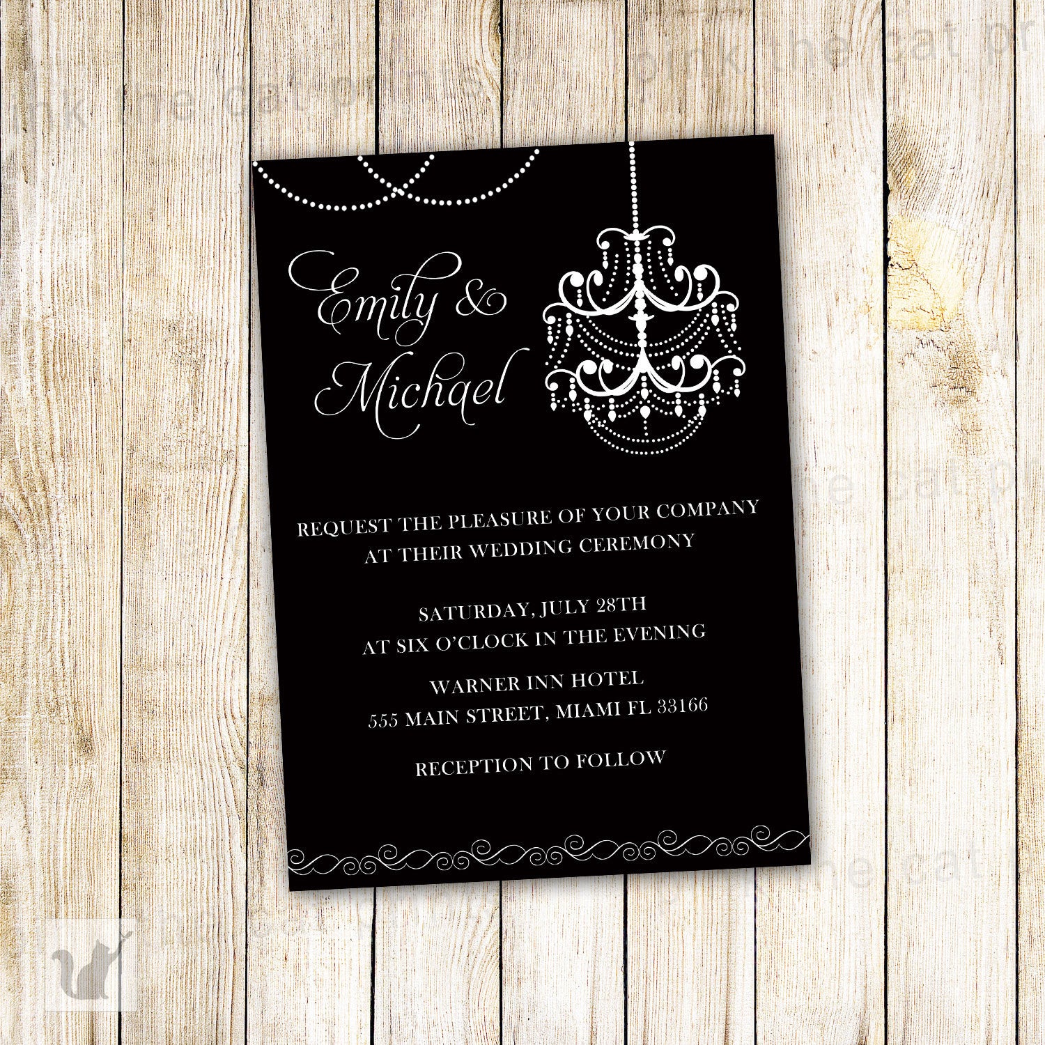 black white chandelier wedding invitation