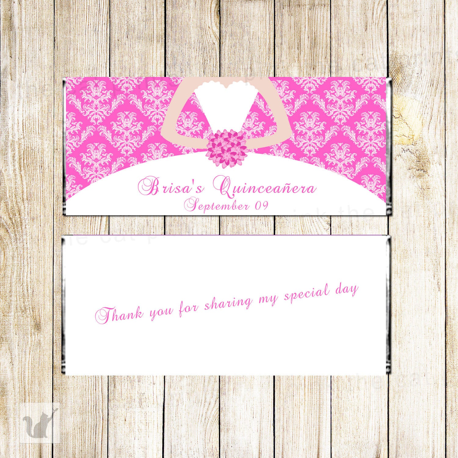 Quinceañera Candy Label Wrapper Hot Pink Sweet 16 Dress