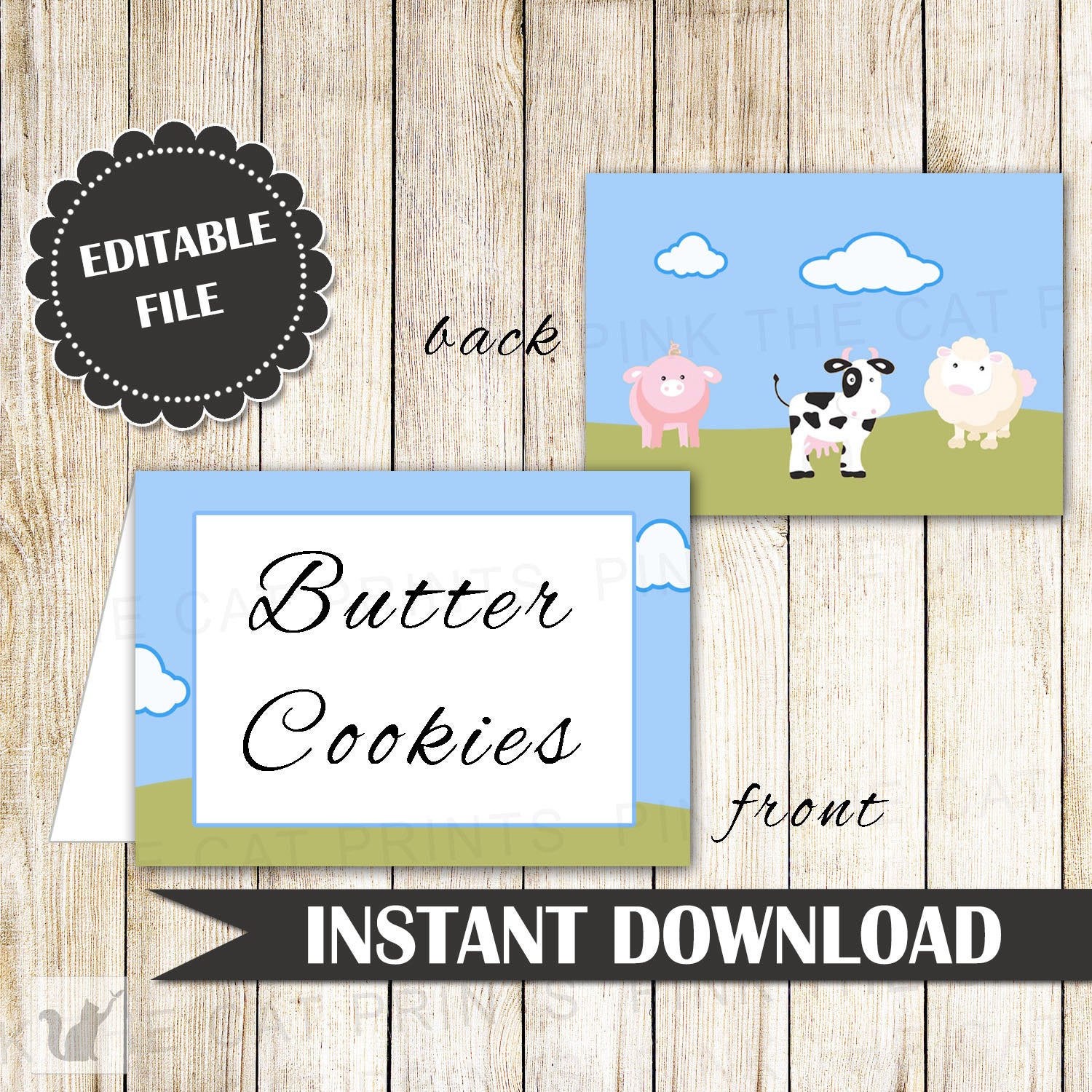 Farm Animals Buffet Food Label Place Seating Name Card Birthday Baby Shower