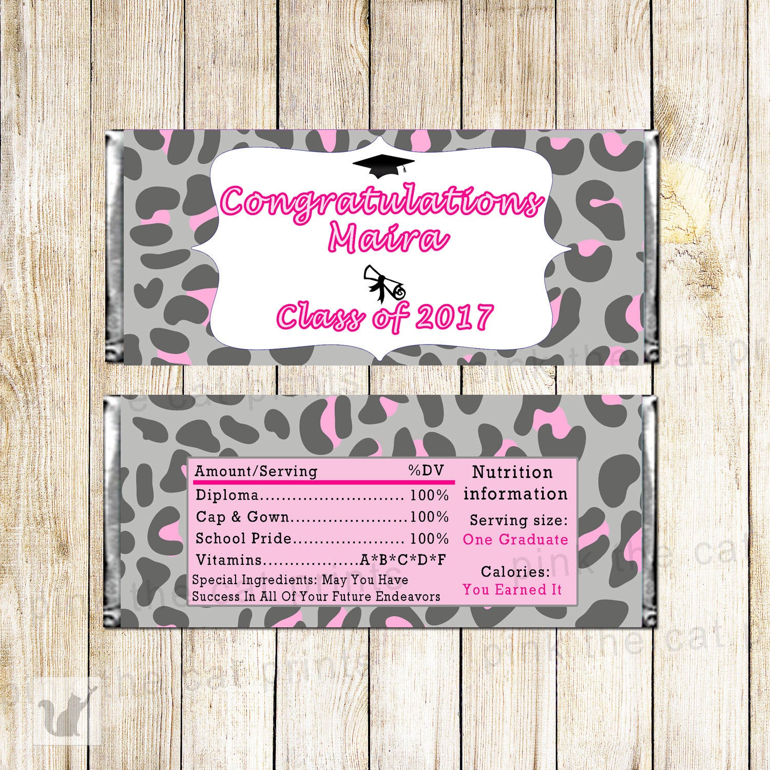 Graduation Candy Bar Label Wrapper Pink Leopard