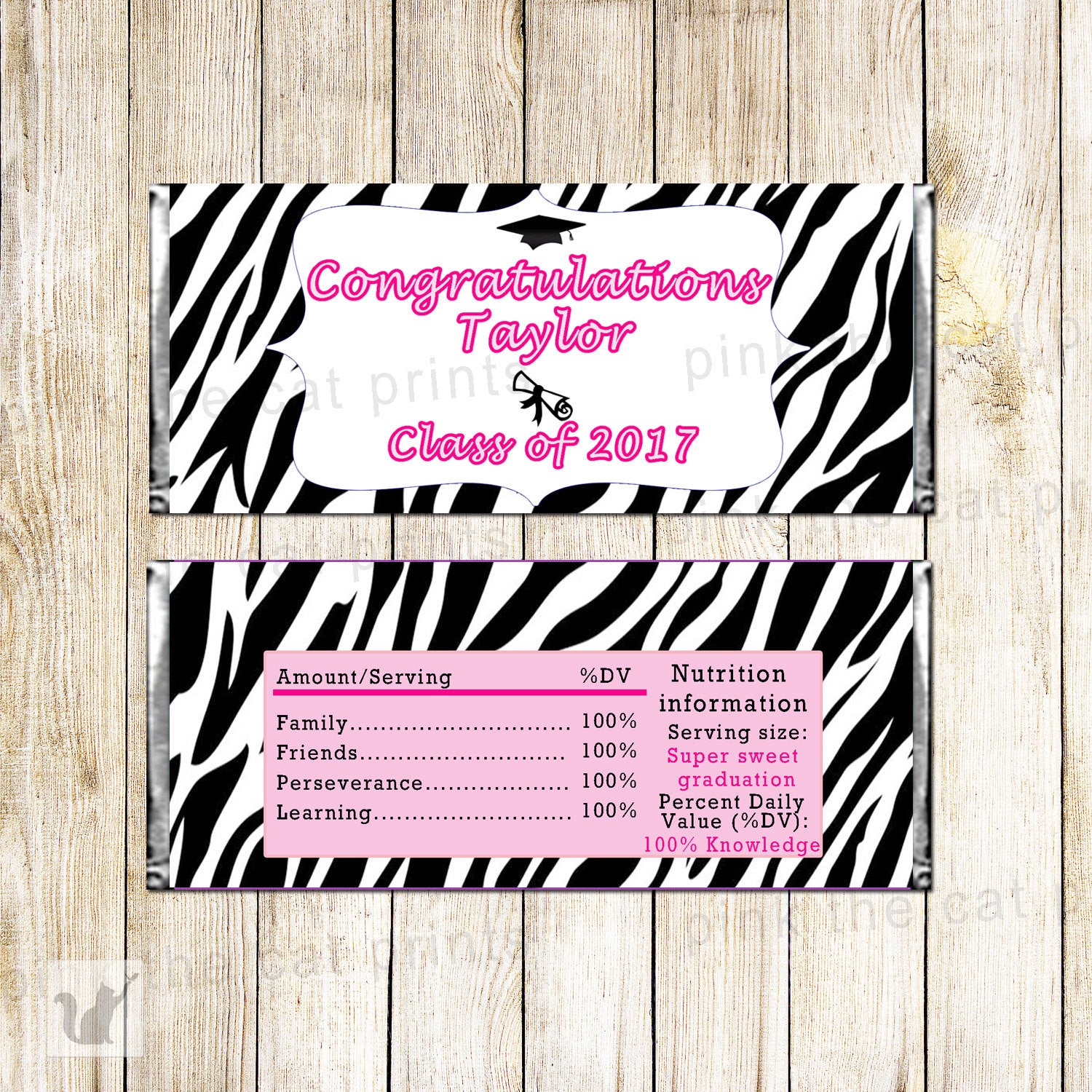 Graduation Candy Bar Label Wrapper Pink Zebra