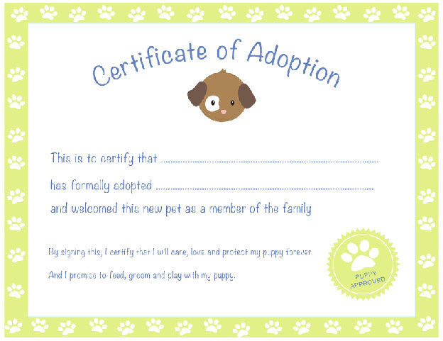Certificate of Adoption Puppy Birthday Party Green