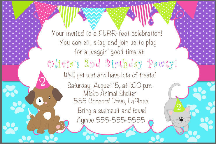 Puppy Kitten Girl Birthday Invitation