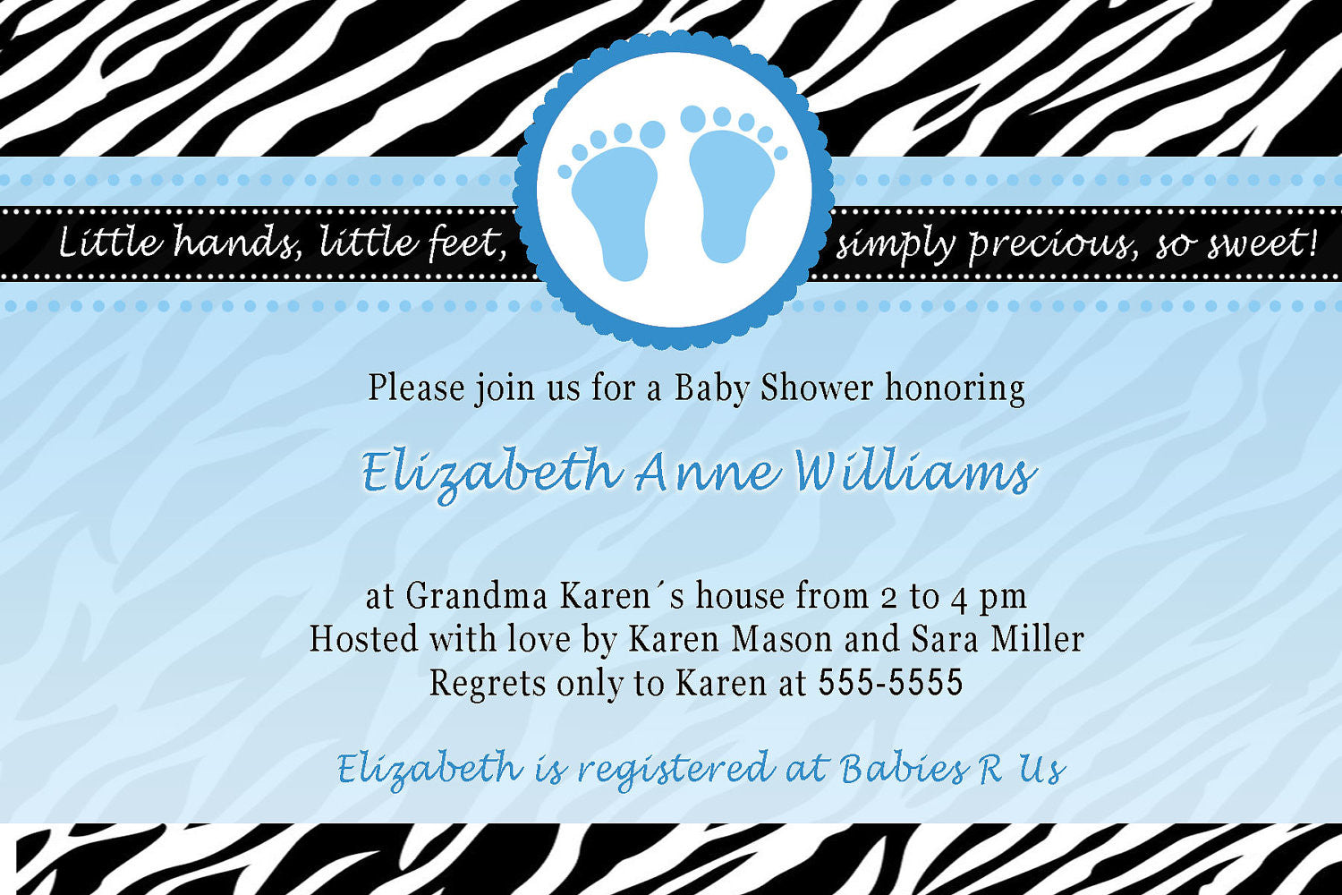 Footprints Black Blue Zebra Baby Shower Invitation Boy