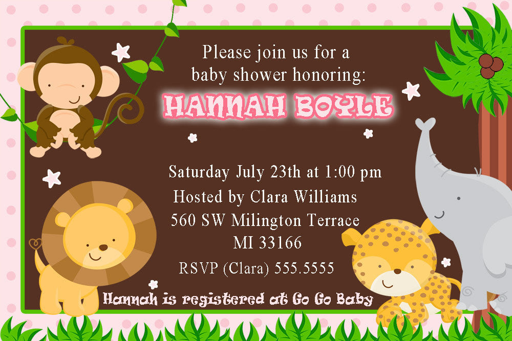 Jungle Invitation Pink Brown Girl Birthday Baby Shower