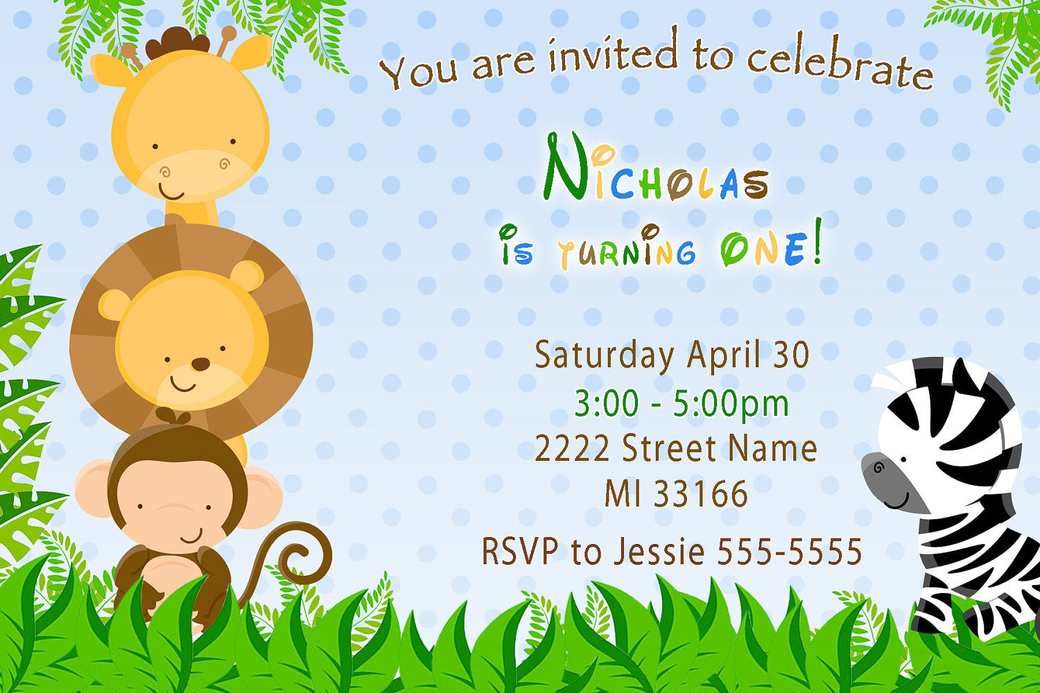 Safari Birthday Invitation Photo Card Boy Blue