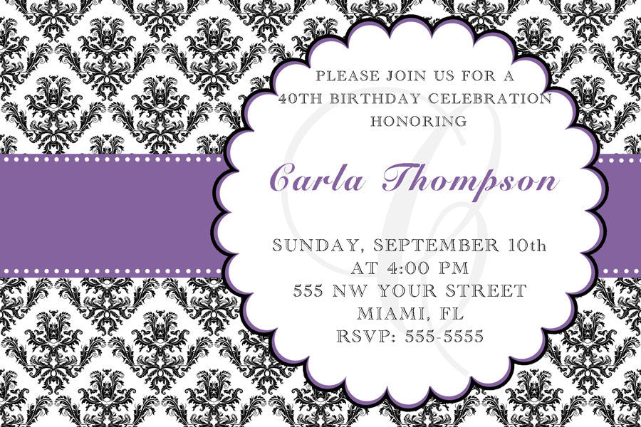 Adult Birthday Invitation Purple Black Damask