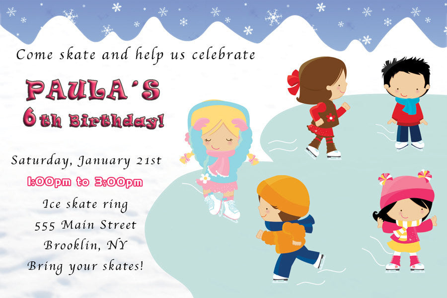 Ice Skating Kids Birthday Invitation Winter