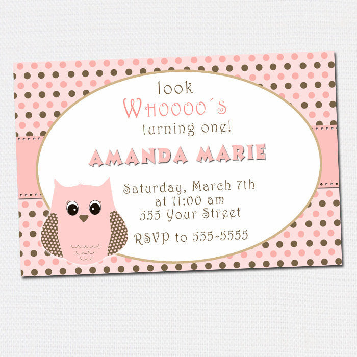 owl invitation pink brown polka dots