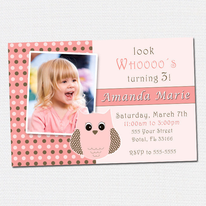 Owl Birthday Invitation Photo Card Pink Brown