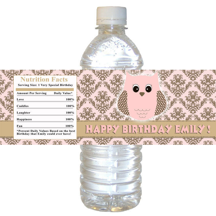 Owl Pink Bottle Label Birthday Baby Shower