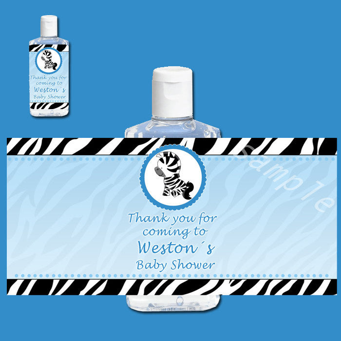Blue Zebra Hand Sanitizer Labels Baby Boy Shower