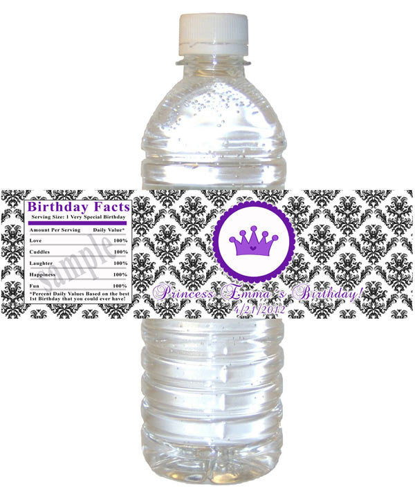 Damask Princess Bottle Label Birthday Baby Shower Purple