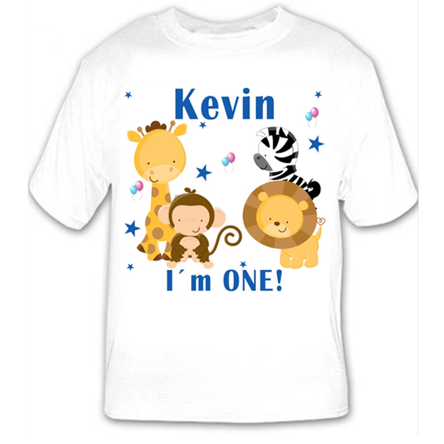 Printable Personalized Jungle Blue Design for T -Shirt - Baby Birthday Boy Dots Custom Cute Adorable 1st Giraffe Monkey Lion Zebra