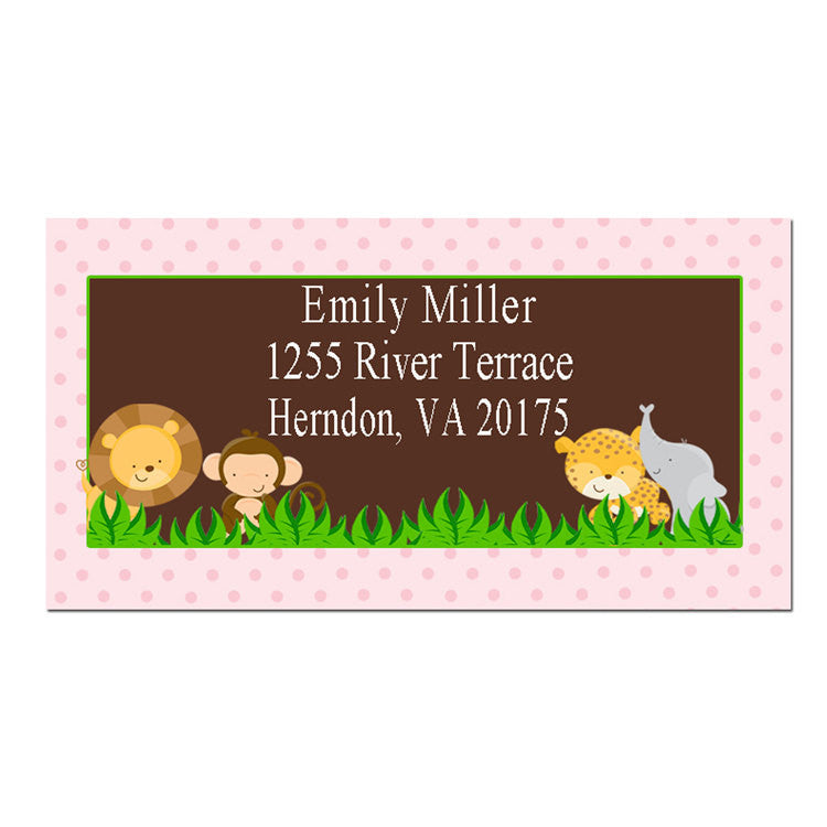 Personalized Printable Address labels - Jungle Baby Girl Shower or Zoo Birthday Party Pink Dots Safari Animals Monkey Lion Cheetah Elephant