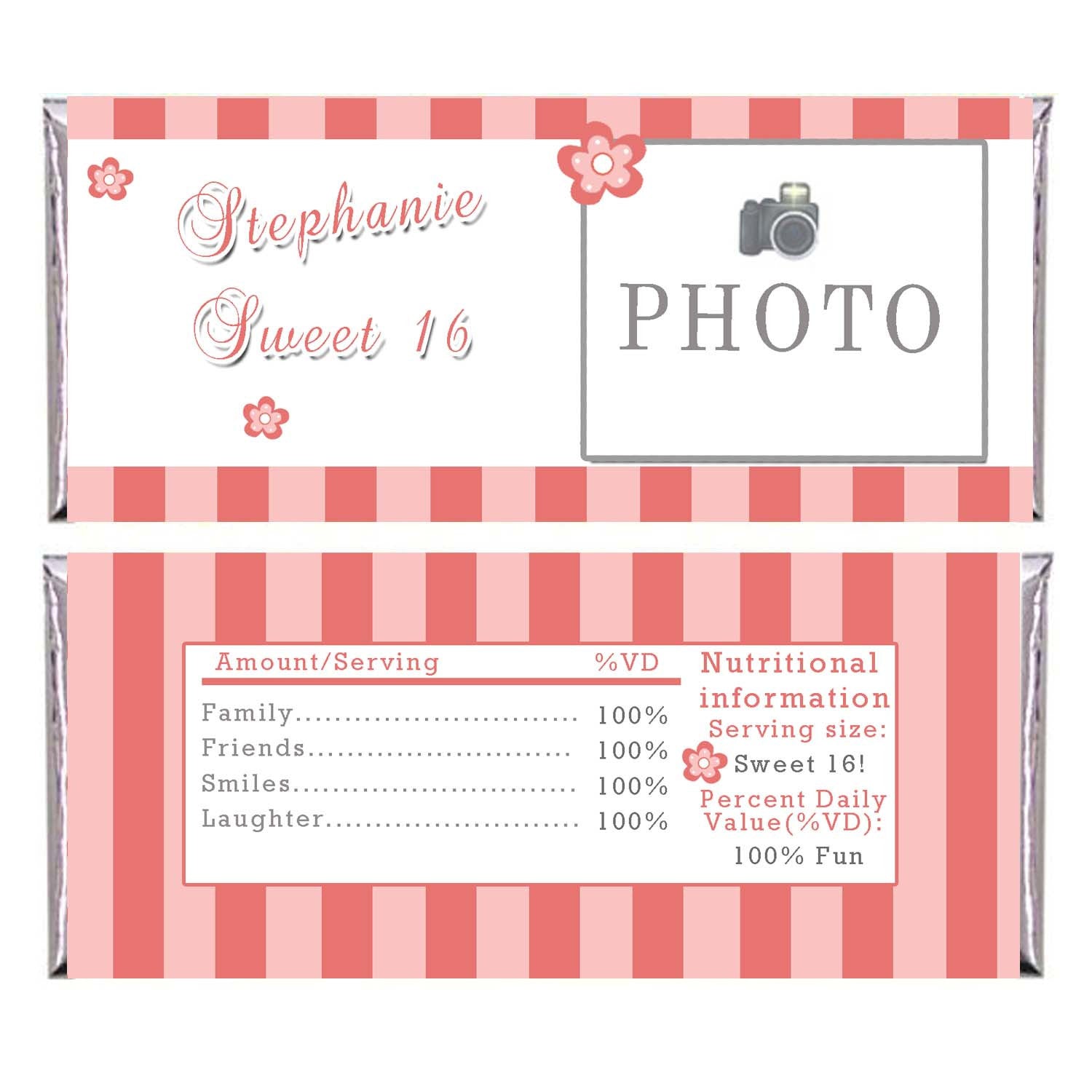 Adult Birthday Candy Bar Wrapper Label Sweet 16 Coral