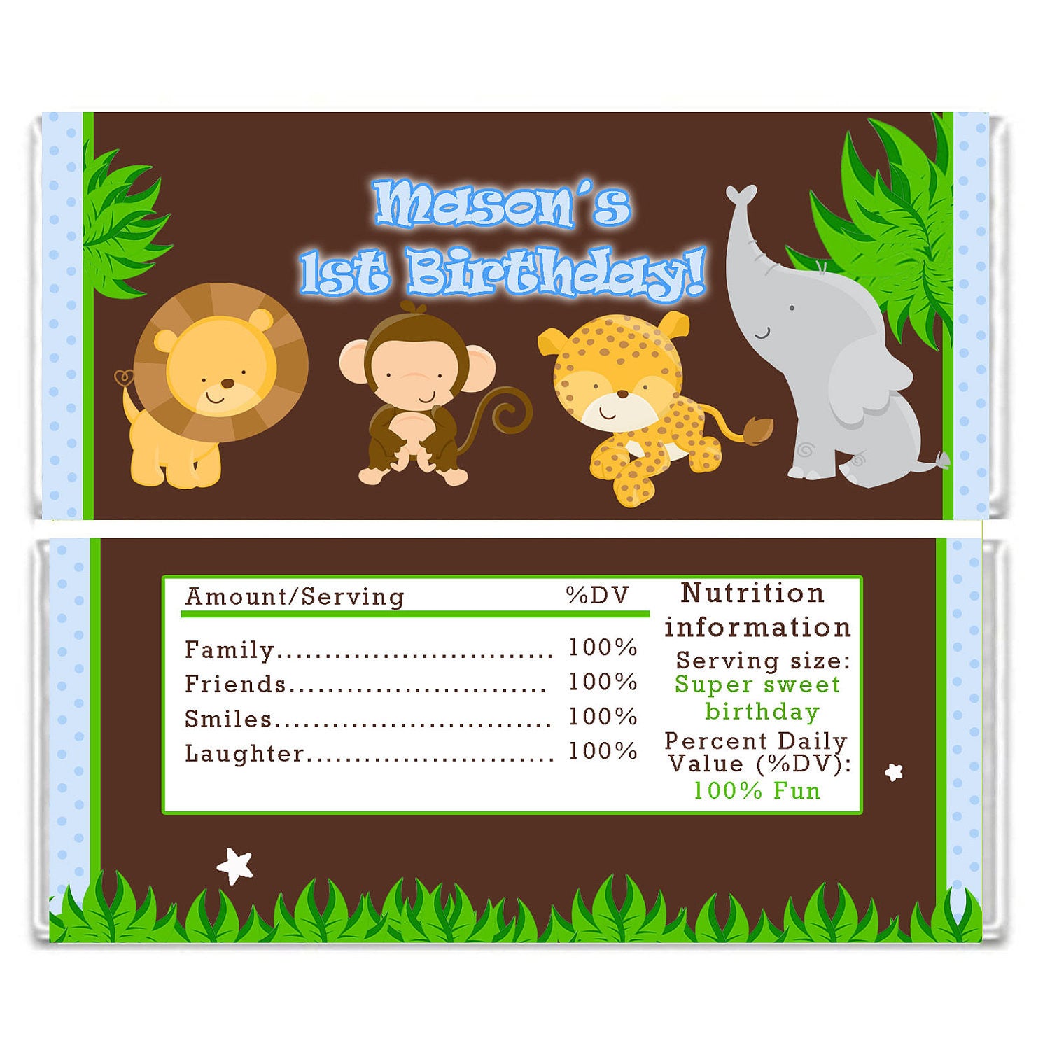 Jungle Candy Bar Wrapper Label Blue Birthday Baby Shower
