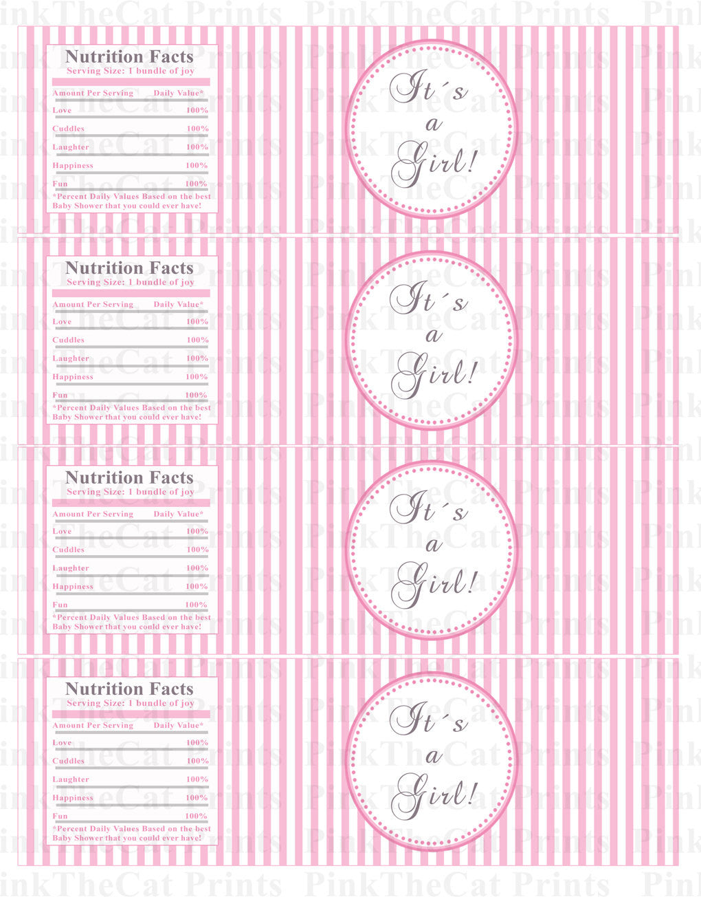 Baby Girl Shower Bottle Labels Pink White Stripes