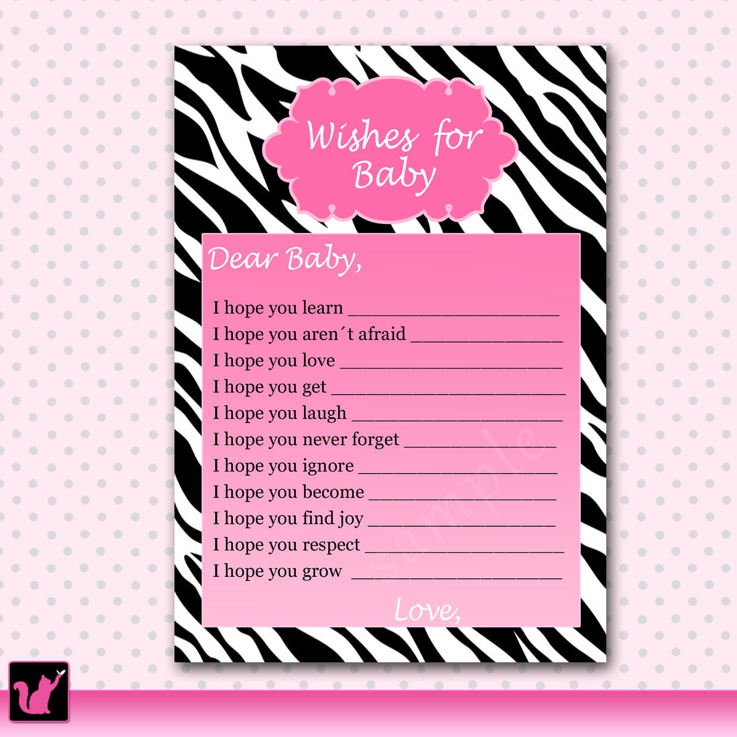 Wishes for Baby Card Zebra Hot Pink