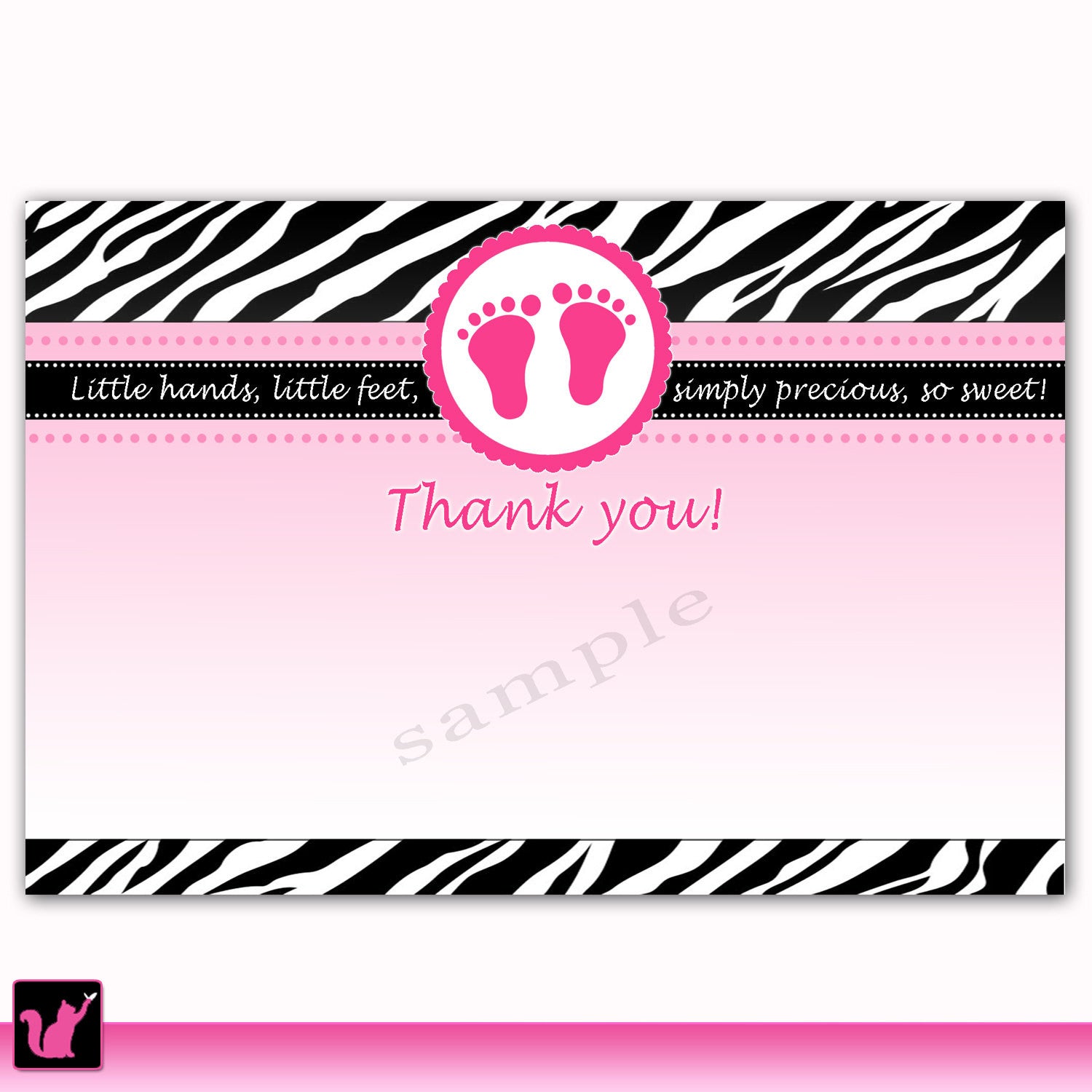 INSTANT DOWNLOAD Zebra Baby Shower Blank Thank You Card - Pink Baby Feet Baby Shower Announcement Baby Shower Favors Baby Shower Items